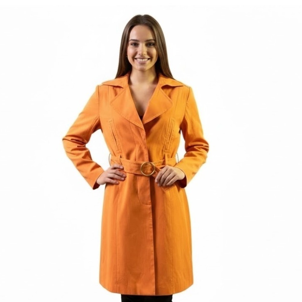 Rafaella Trench Coat Womens 10 Orange Belted Long Sleeve Classic Business